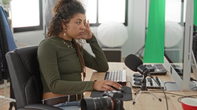 Woman touching face with hand while clicking mouse at keyboard next to microphone and camera in studio; pensive concentration.