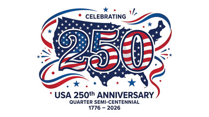 Fototapeta premium Usa 250th anniversary logo, celebrating 250 years of the united states of america, 17762026, patriotic design with american flag pattern, stars and stripes, quarter semicentennial celebration