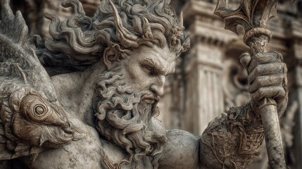 Naklejka premium Greek mythology sea god Poseidon. Fantasy. A detailed sculpture of a mythical figure, likely a deity or mythological figure, is intricately carved from stone. The figure has a long.