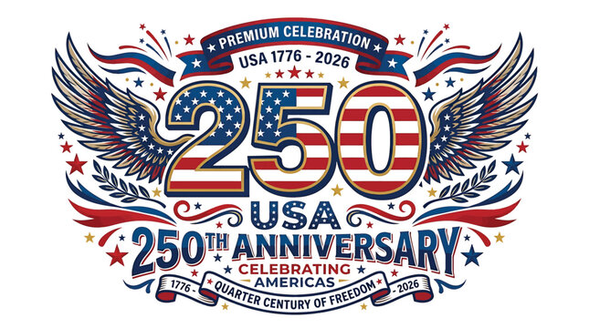 Usa 250th anniversary celebration logo, 17762026, 250 years of american independence, patriotic emblem with eagle wings, stars and stripes, quarter century of freedom graphic design