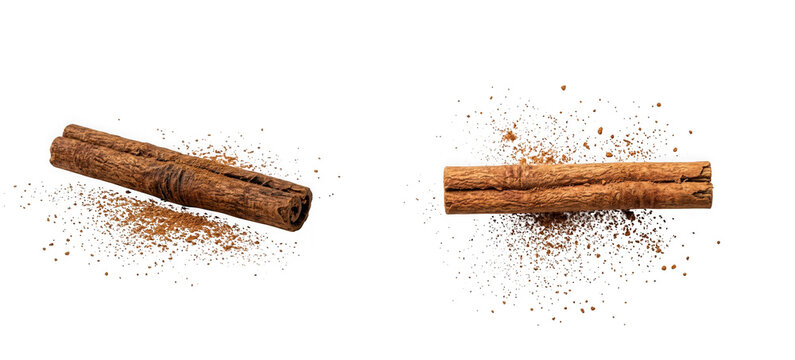 Two cinnamon sticks with cinnamon powder isolated on transparent background