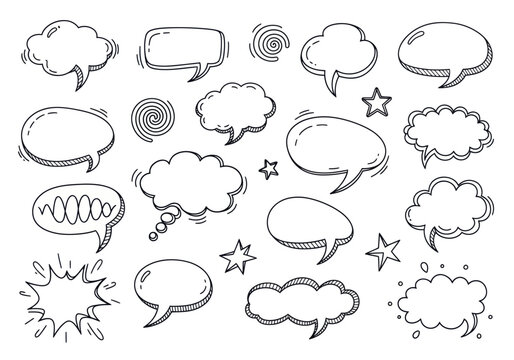 Hand drawn speech bubbles and thought clouds doodle set.