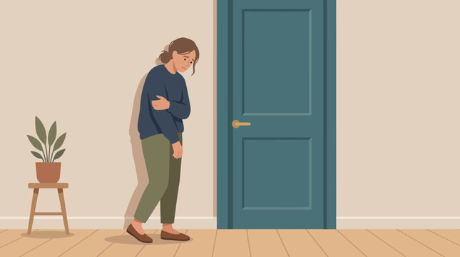 Woman standing in front of a door with a potted plant.