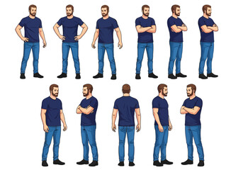 Fototapeta premium Set of full body male character poses in blue tshirt and jeans