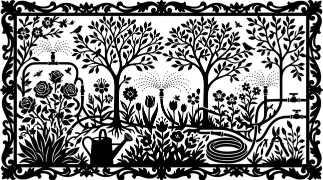 Garden silhouette illustration with flowers trees and gardening tools in ornate frame