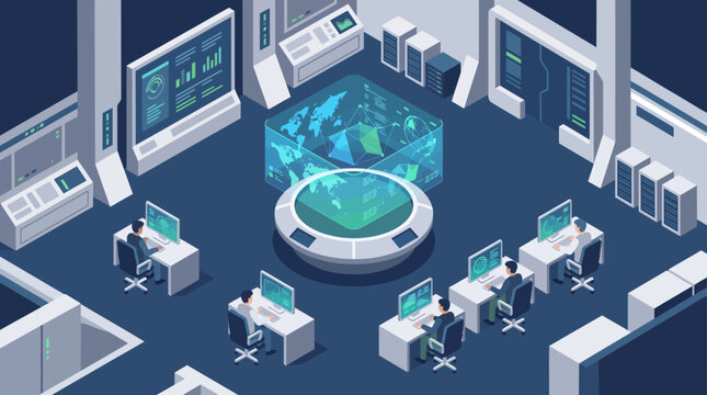 AI defense command center and military control room with holographic world map isometric vector illustration