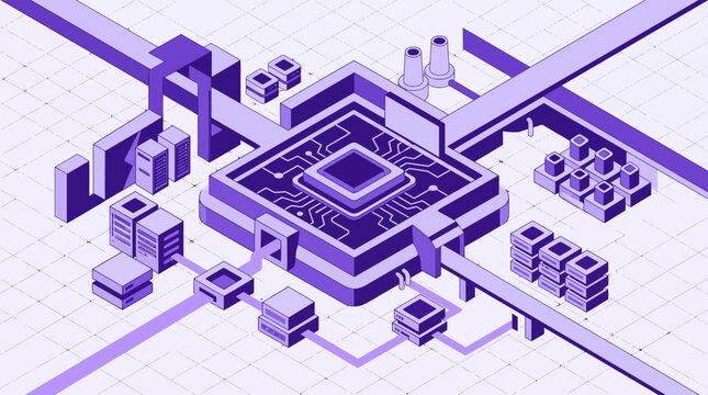 Quantum computing platform with central processor and server racks isometric vector illustration