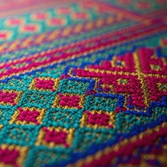 Fototapeta premium Close up texture of handmade woven fabric displaying brilliant colors and intricate geometric patterns often seen in cultural decorations, historic, fiber, abstract