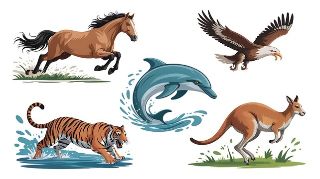 Collection of wild animals including a running brown horse, a flying bald eagle, a jumping dolphin, and a tiger