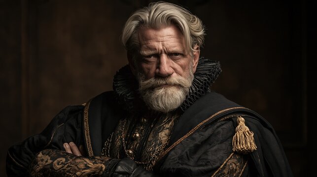 Europe medieval lifestyle. A portrait of an elderly man with a full, wellgroomed white beard and platinum blonde hair. He wears a dark, ornate robe with gold embroidery and a ruffled collar.