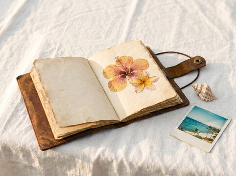 Vintage leather journal with pressed hibiscus and plumeria flowers beside a seashell and a tropical beach photograph