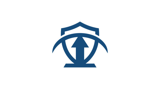 Blue shield with upward arrow logo.
