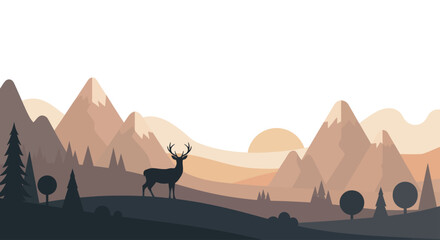Majestic deer stands on a hill with mountains behind. © Baru