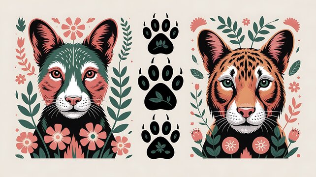 Two wild cat portraits with floral and black paw prints on a light beige background, flat cats feline