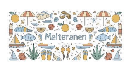 Mediterranean themed doodle art with summer elements and text. © Baru