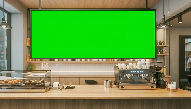 A green screen hangs above a modern coffee shop counter with pastries and coffee equipment on a wooden surface indoors.