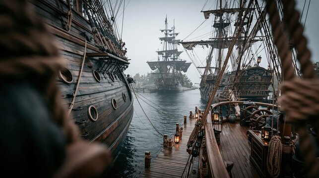 Europe medieval lifestyle. A moody, atmospheric portrayal of a maritime scene, likely from a historical or fantasy setting. The main subject is a wooden ship deck with numerous ropes, masts.