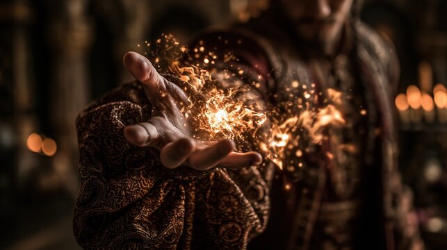Europe medieval lifestyle. A closeup shot of a persons hand, illuminated by a warm, golden light emanating from it. The person wears a dark, ornate robe with intricate patterns.