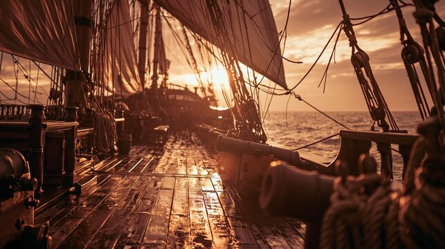 Europe medieval lifestyle. A vivid portrayal of a sailing ships deck at sunset. The ships masts, rigging, and rigging are illuminated by the warm, golden light of the setting sun.
