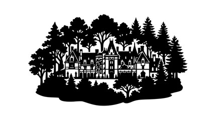 Fototapeta premium Black and White Silhouette of a Grand Castle Nestled in a Dense Forest