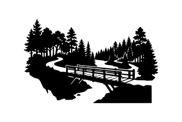 Fototapeta premium Forest Landscape with Wooden Bridge and River Silhouette