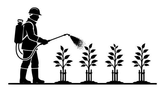 farmer spraying crops silhouette with backpack sprayer