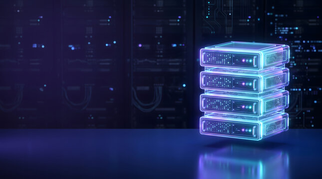 Glowing 3D holographic server stack on dark data center background for cloud hosting technology