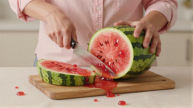Person slices watermelon, juice spills on wooden board.