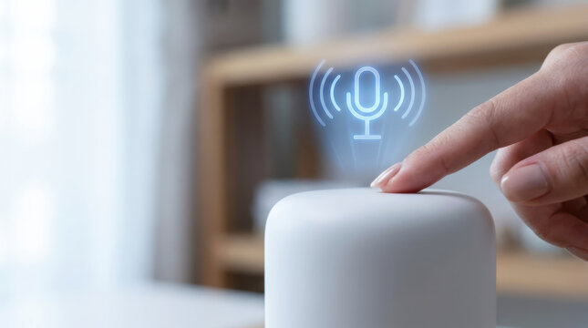 Voice ai agent concept with human finger activating smart speaker device for hands free communication and control in modern home