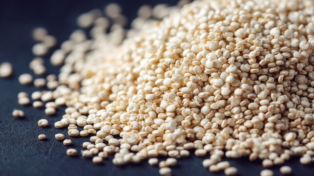 Close-Up View of Raw Quinoa Seeds Piled on a Dark Surface Showing Their Unique Texture and Nutritional Value for Healthy Cooking and Recipes