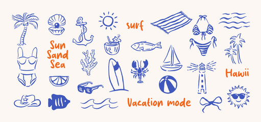 Hello Summer Hand Drawn Illustration Bundle with Beach Icons, Coastal Doodles and Ocean Elements © innni