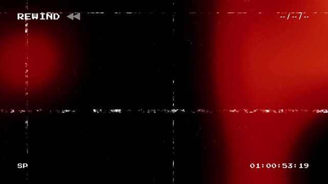 Retro VHS glitch background with red and orange abstract light leaks and analog video overlays including rewind text and timecode for a lo-fi vintage aesthetic effect
