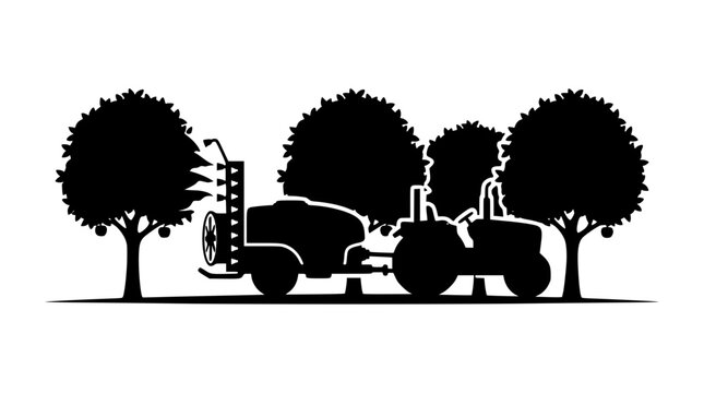 Silhouette of a tractor pulling a sprayer in an apple orchard