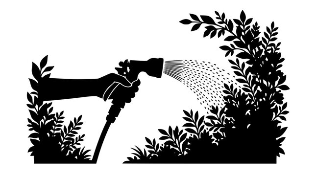 Silhouette of a hand watering a garden with a spray hose nozzle