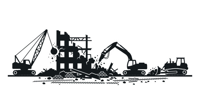 Demolition scene with heavy machinery destroying a building.