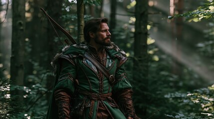 Obraz premium Outdoor adventure explore. A vivid portrayal of a man in a forest, captured in a side profile. He wears a richly detailed green tunic with intricate brown leather detailing, a furlined hood.