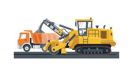 Obraz premium Yellow road milling machine loading asphalt into a dump truck.