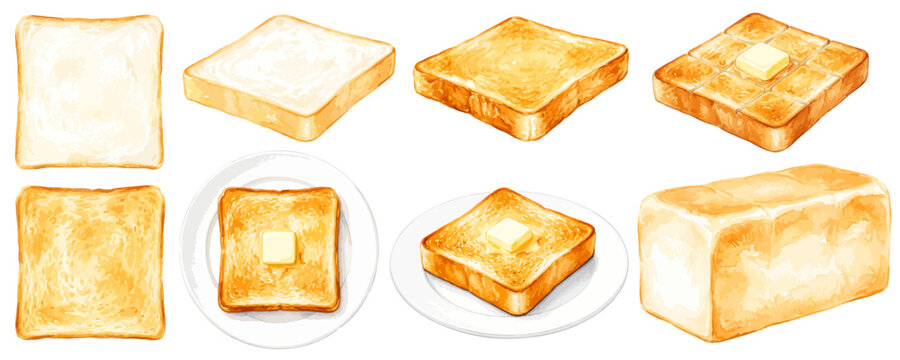 食パンとトーストのイラストセット,水彩風のバタートーストと角食パン1斤、白いお皿とハニートースト素材集,手描きベクター,ベーカリー・パン屋