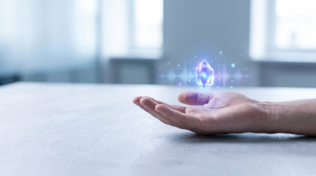 Voice recognition technology with ai agent concept showing futuristic hologram crystal floating above human palm in modern office