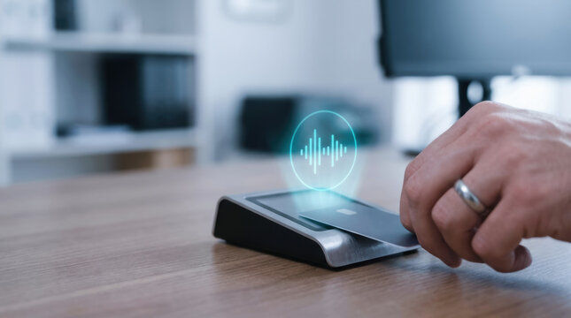 Voice recognition technology ai agent concept with hand holding card on device for secure access and authentication in modern office environment