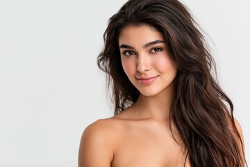 Naklejka premium A young Asian woman with curly hair on a white studio background creates a clean, modern beauty and hair care visual ideal for posters, banners, and cosmetic branding.