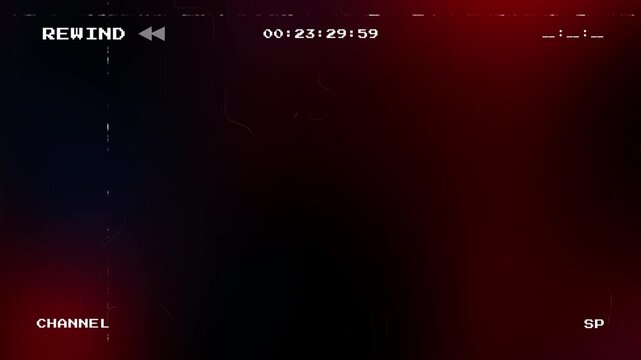 Retro VHS rewind effect with glitchy analog noise and VCR on screen display timer on a dark abstract background with red and blue light leaks for cinematic video overlays