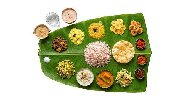 Traditional kerala sadya meal served on a banana leaf isolated on transparent background