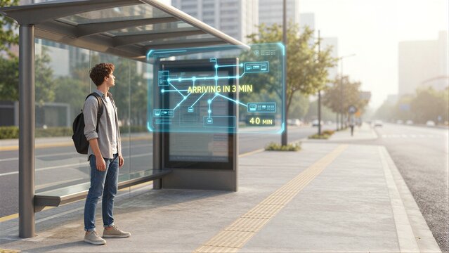 A man waits at a futuristic bus stop with holographic transit info.