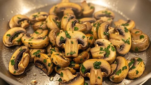 Saut�ed sliced mushrooms with fresh green herbs in a metal frying pan