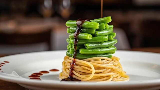 Gourmet pasta and green beans with balsamic glaze on a white plate