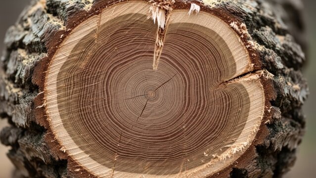 Close-up of tree trunk cross-section with visible growth rings and bark texture