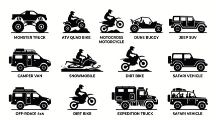Collection of various off-road vehicles and motorcycles in silhouette style. © yoga