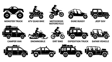 Collection of various off-road and adventure vehicles, including monster trucks, ATVs, motorcycles, and SUVs. © yoga