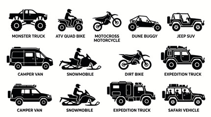 Collection of various off-road and recreational vehicles, including monster trucks, ATVs, motorcycles, and expedition vehicles. © yoga